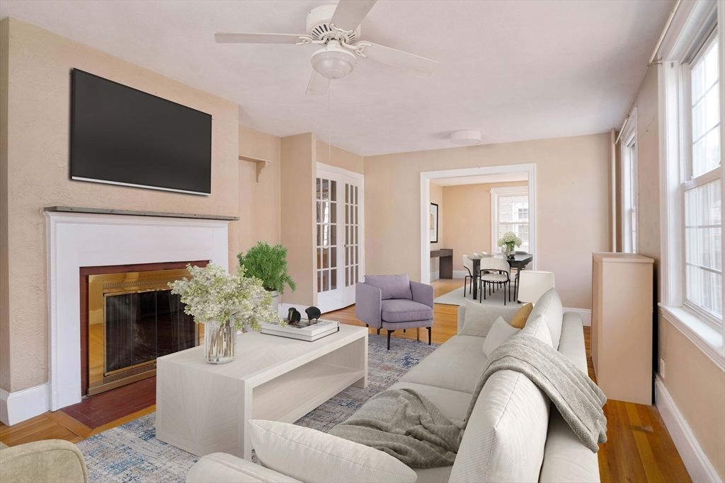 Dining room, Fireplace, Interior, Living room, Wood Texture Flooring