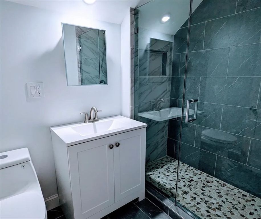 Bathroom, Glass Shower, Interior, Marble Walls, Recessed Lighting
