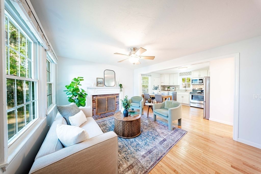 Dining room, Fireplace, Interior, Kitchen, Living room, Stainless Steel Appliances, Wood Texture Flooring