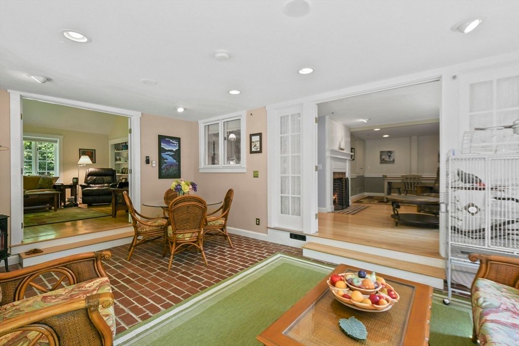 Dining room, Fireplace, Interior, Kitchen, Living room, Recessed Lighting, Wood Texture Flooring