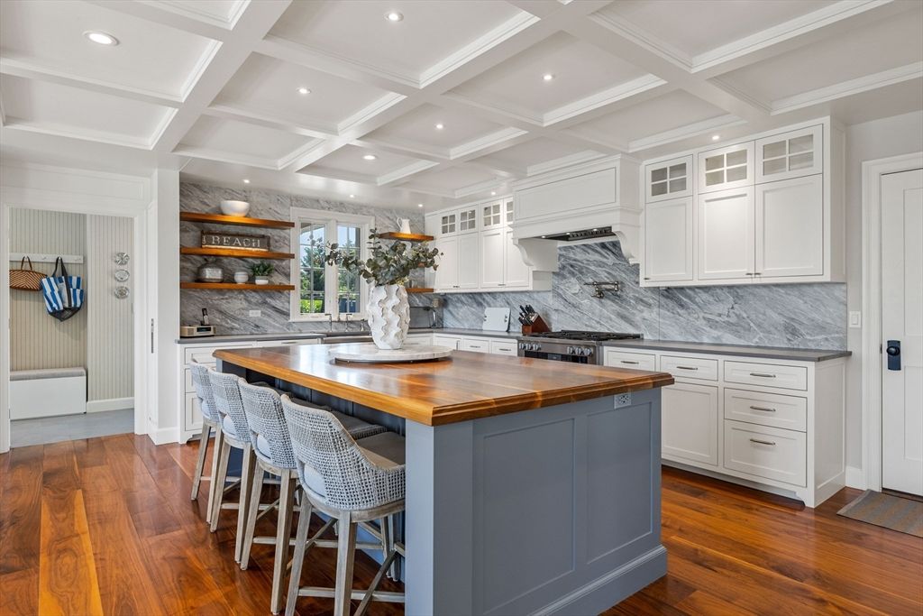 Interior, Kitchen, Marble Walls, Recessed Lighting, Wood Texture Flooring