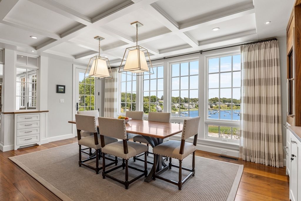 Dining room, Interior, Pendant Lights, Recessed Lighting, Water, Wood Texture Flooring