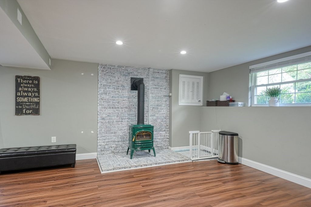 Fireplace, Interior, Recessed Lighting, Stone Walls, Wood Texture Flooring