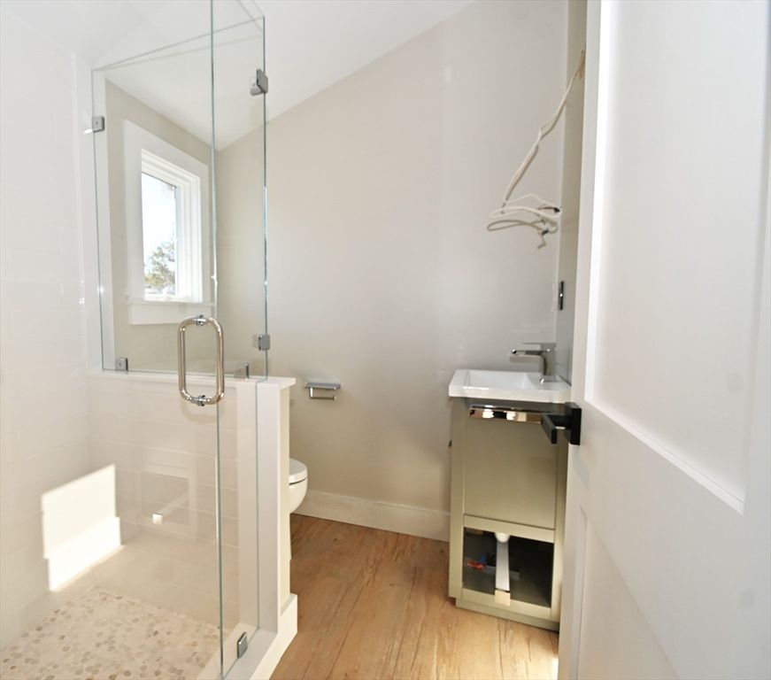 Bathroom, Glass Shower, Interior, Wood Texture Flooring
