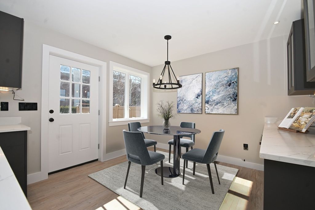 Dining room, Interior, Pendant Lights, Recessed Lighting, Wood Texture Flooring