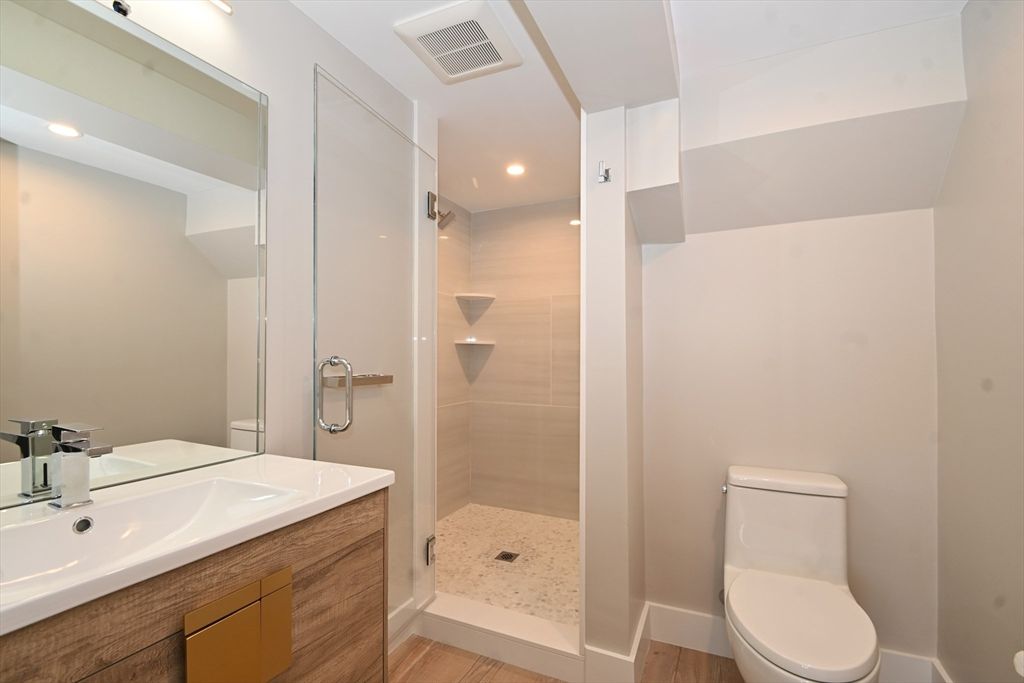 Bathroom, Glass Shower, Interior, Recessed Lighting, Wood Texture Flooring