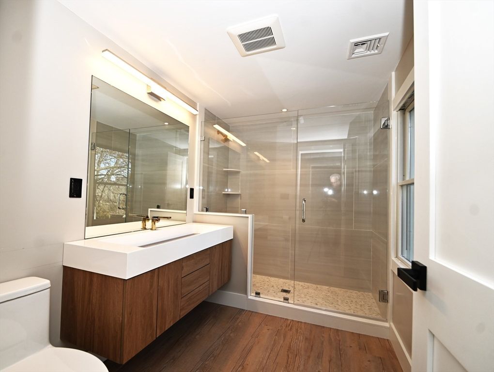 Bathroom, Glass Shower, Interior, Recessed Lighting, Wood Texture Flooring