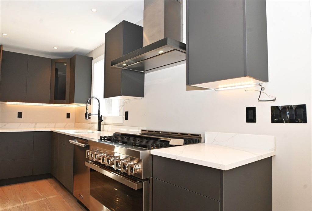 Interior, Kitchen, Recessed Lighting, Stainless Steel Appliances, Wood Texture Flooring