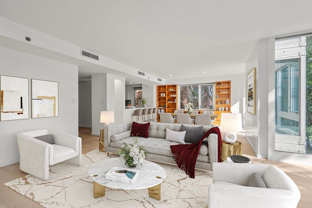 Dining room, Interior, Living room, Recessed Lighting, Wood Texture Flooring