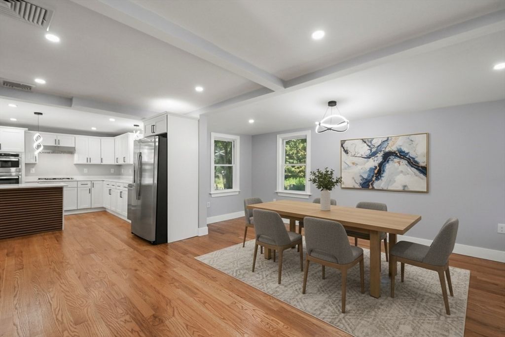 Dining room, Interior, Kitchen, Pendant Lights, Recessed Lighting, Stainless Steel Appliances, Wood Texture Flooring