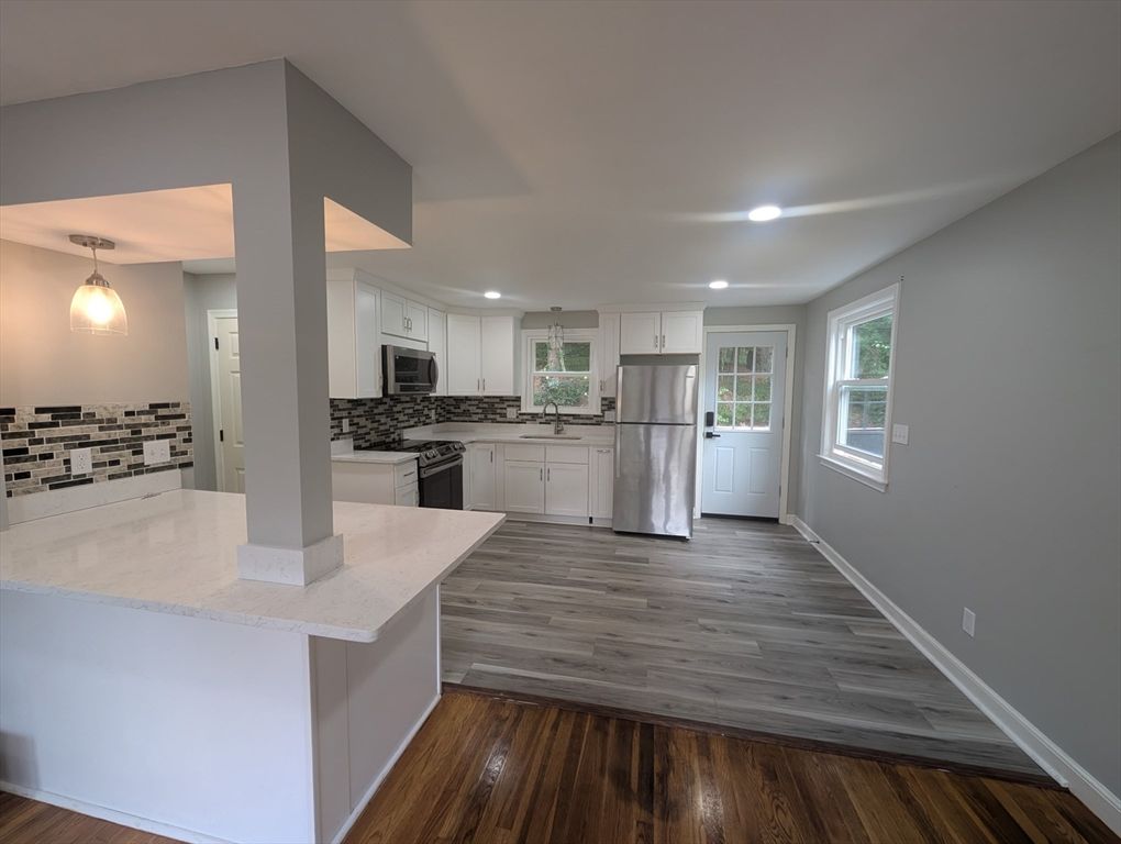 Interior, Kitchen, Pendant Lights, Recessed Lighting, Stainless Steel Appliances, Wood Texture Flooring