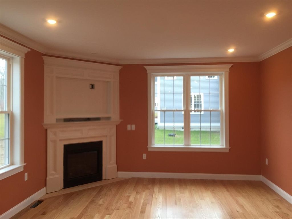 Empty room, Fireplace, Interior, Recessed Lighting, Wood Texture Flooring