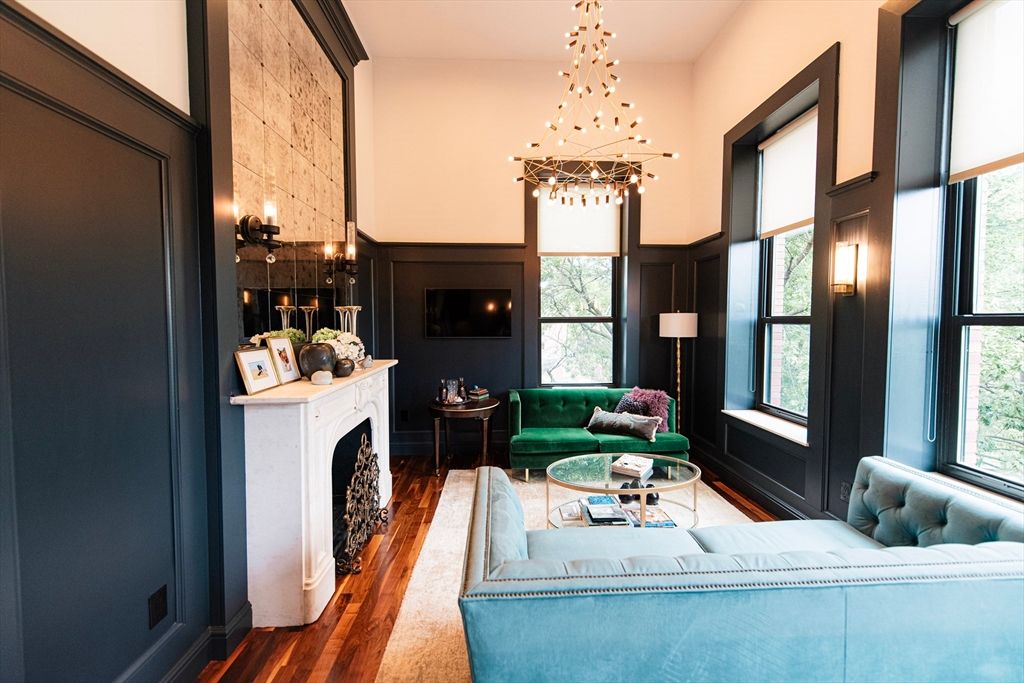 Fireplace, Interior, Living room, Pendant Lights, Wood Texture Flooring