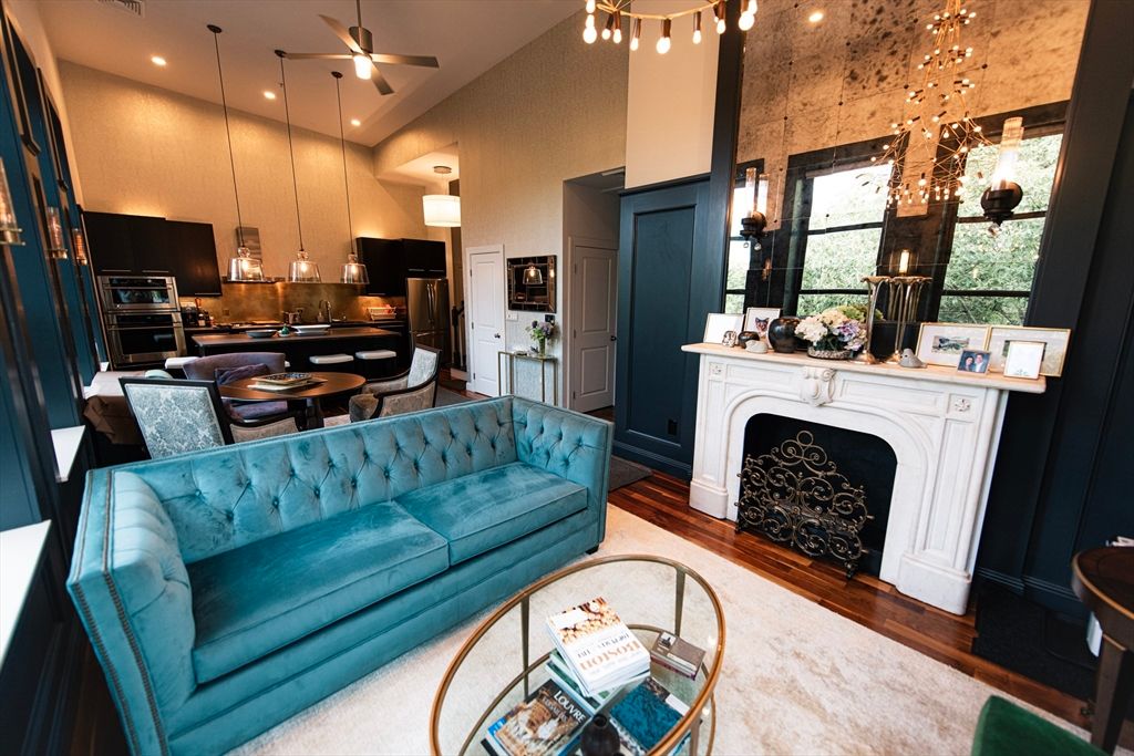Dining room, Fireplace, Interior, Kitchen, Living room, Pendant Lights, Recessed Lighting, Wood Texture Flooring