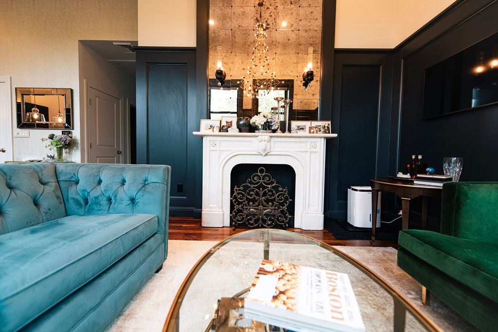 Fireplace, Interior, Pendant Lights, Wood Texture Flooring