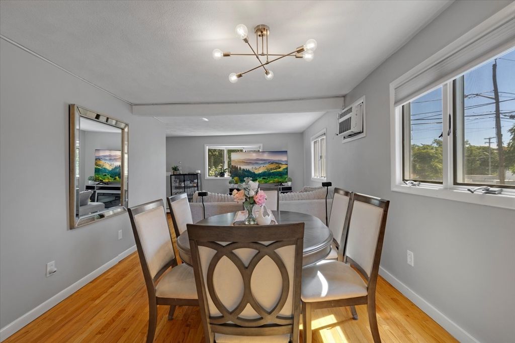 Dining room, Interior, Pendant Lights, Wood Texture Flooring