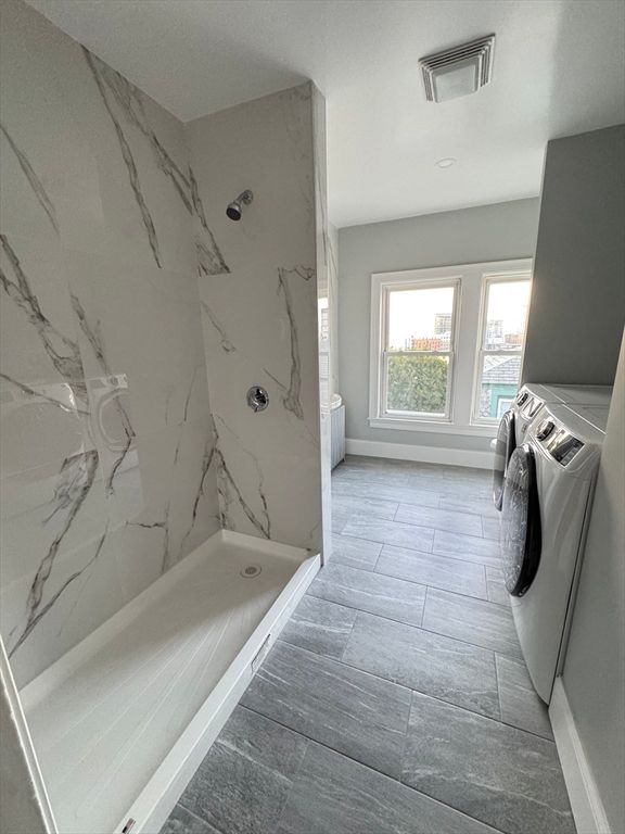 Bathroom, Interior, Marble Walls, Washer, Wood Texture Flooring