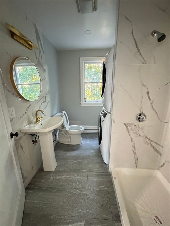 Bathroom, Interior, Marble Walls, Recessed Lighting, Wood Texture Flooring