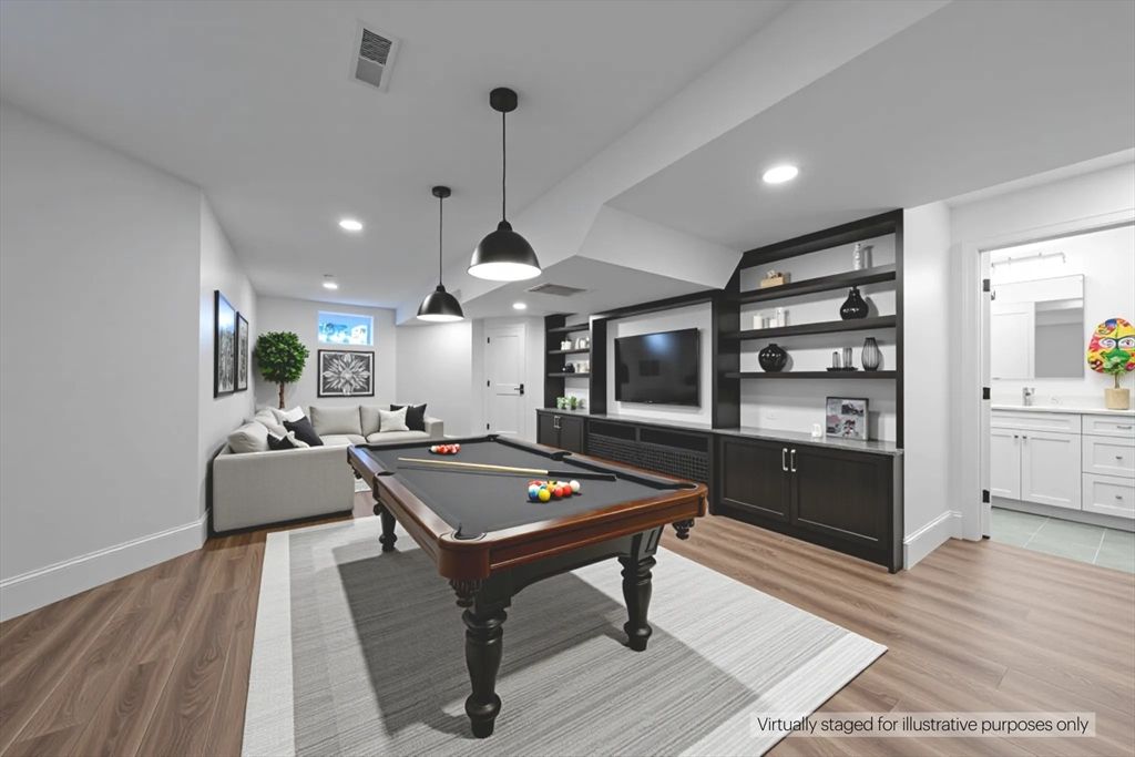 Billiard Table, Game Room, Interior, Pendant Lights, Recessed Lighting, Wood Texture Flooring