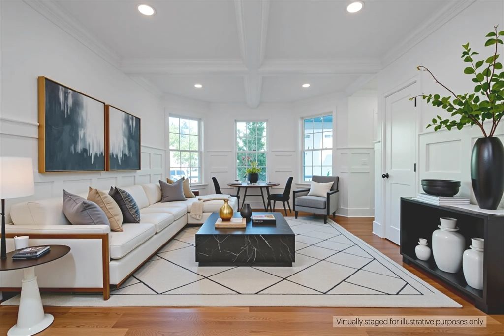 Dining room, Interior, Living room, Recessed Lighting, Wood Texture Flooring