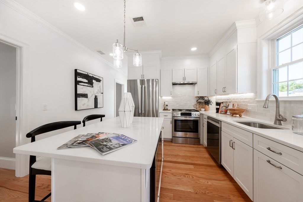 Interior, Kitchen, Pendant Lights, Recessed Lighting, Stainless Steel Appliances, Wood Texture Flooring