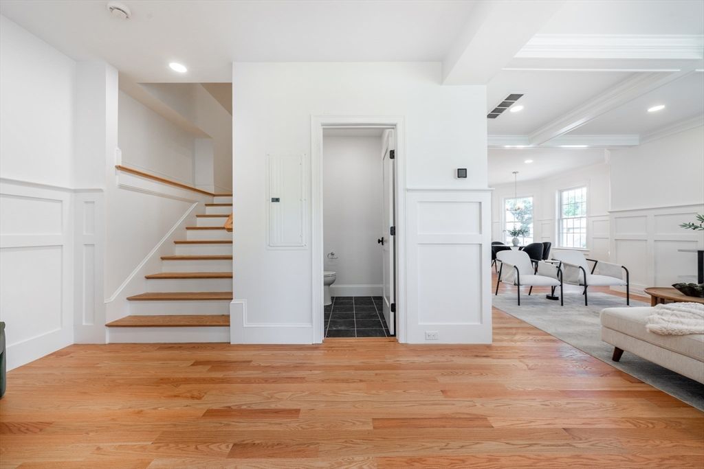 Dining room, Interior, Pendant Lights, Recessed Lighting, Wood Texture Flooring