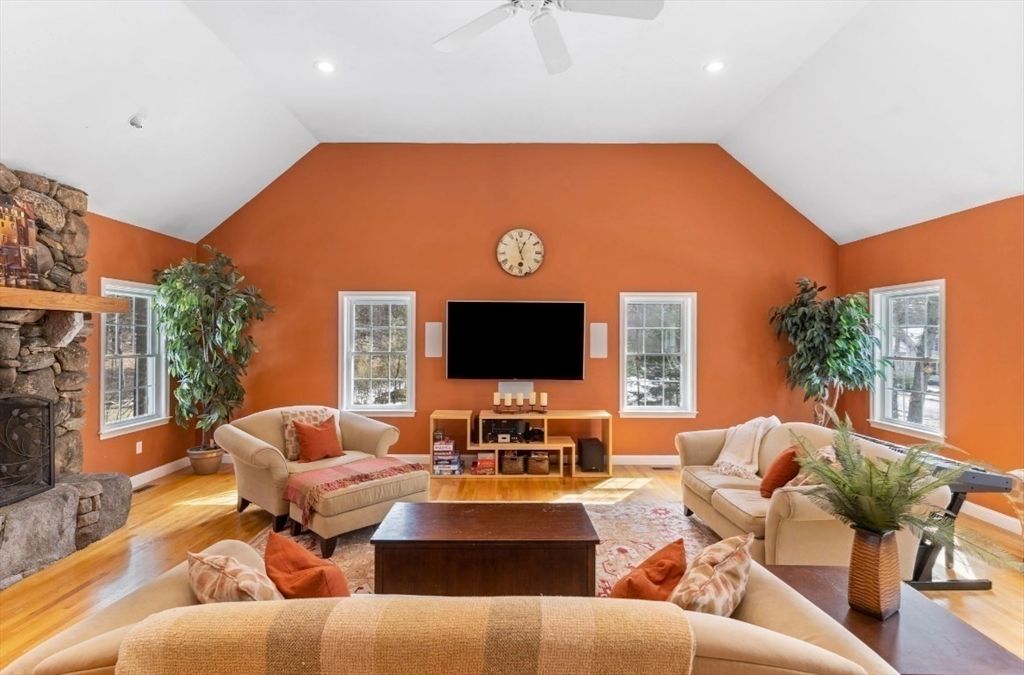 Fireplace, Interior, Living room, Recessed Lighting, Stone Walls, Wood Texture Flooring