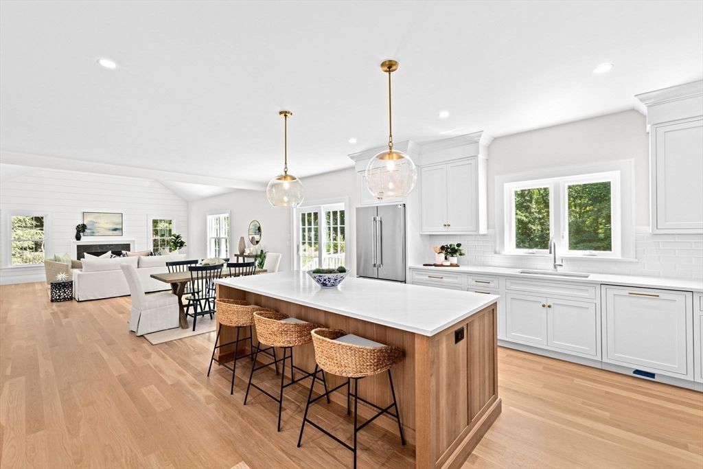 Dining room, Fireplace, Interior, Kitchen, Living room, Pendant Lights, Recessed Lighting, Wood Texture Flooring