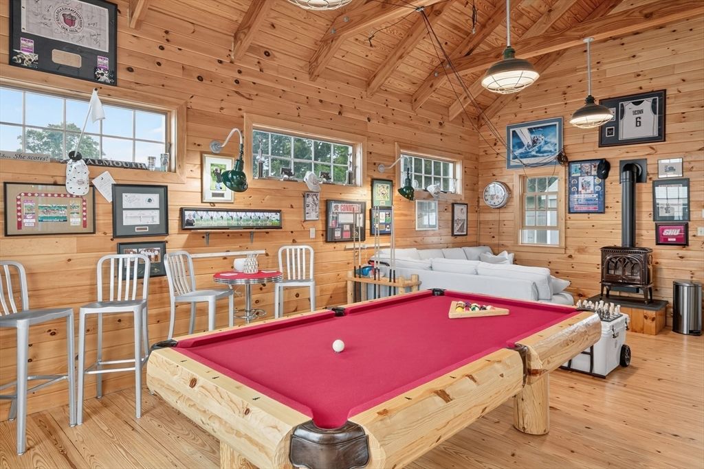 Billiard Table, Game Room, Interior, Pendant Lights, Wooden Beams, Wooden Ceilings, Wood Texture Flooring, Wooden Walls
