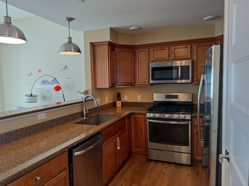 Interior, Kitchen, Pendant Lights, Stainless Steel Appliances, Wood Texture Flooring