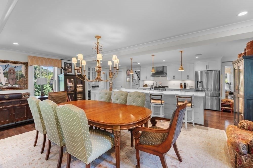 Chandelier, Dining room, Interior, Kitchen, Pendant Lights, Recessed Lighting, Stainless Steel Appliances, Wood Texture Flooring