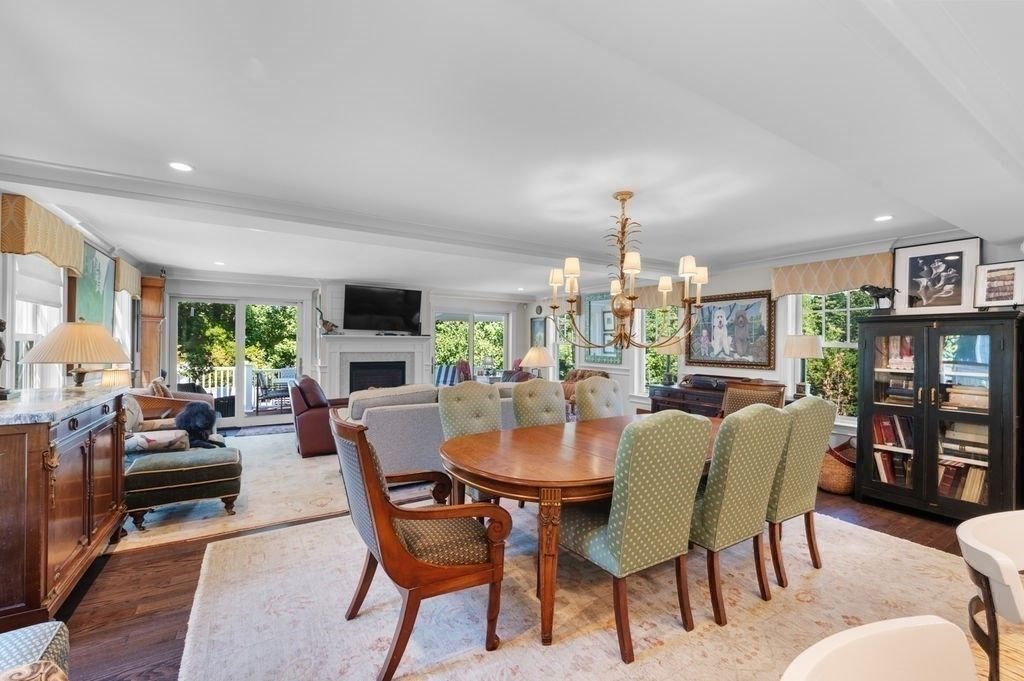 Chandelier, Dining room, Fireplace, Interior, Living room, Recessed Lighting, Wood Texture Flooring