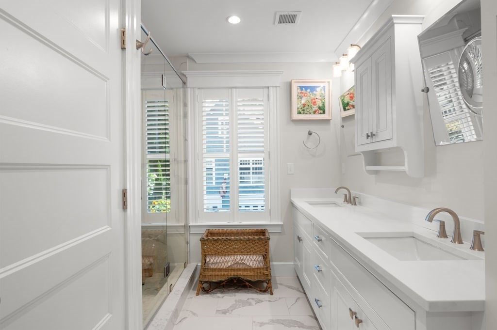Bathroom, Dual Sink Vanities, Glass Shower, Interior, Marble, Recessed Lighting