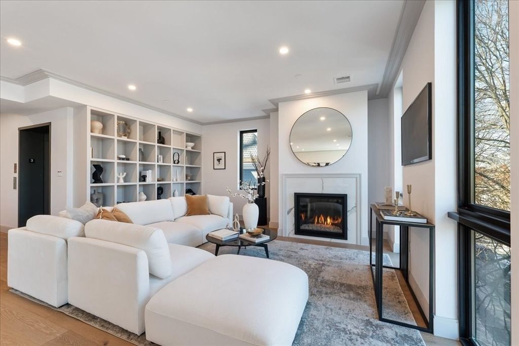 Fireplace, Interior, Living room, Recessed Lighting, Wood Texture Flooring
