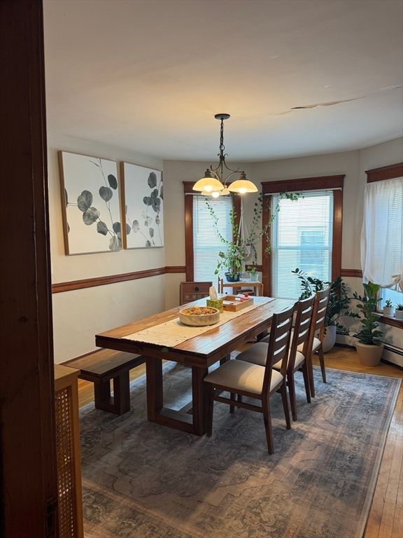 Dining room, Interior, Pendant Lights, Wood Texture Flooring
