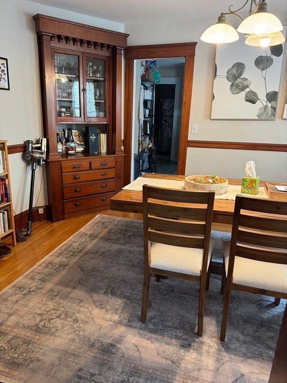 Dining room, Interior, Pendant Lights, Wood Texture Flooring