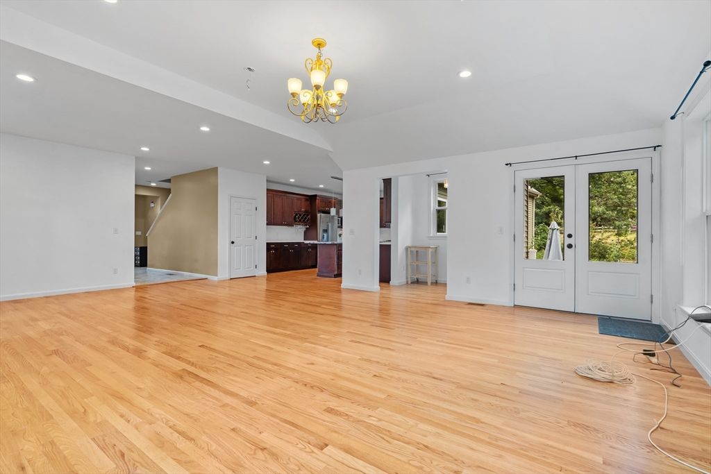Chandelier, Empty room, Interior, Kitchen, Recessed Lighting, Wood Texture Flooring