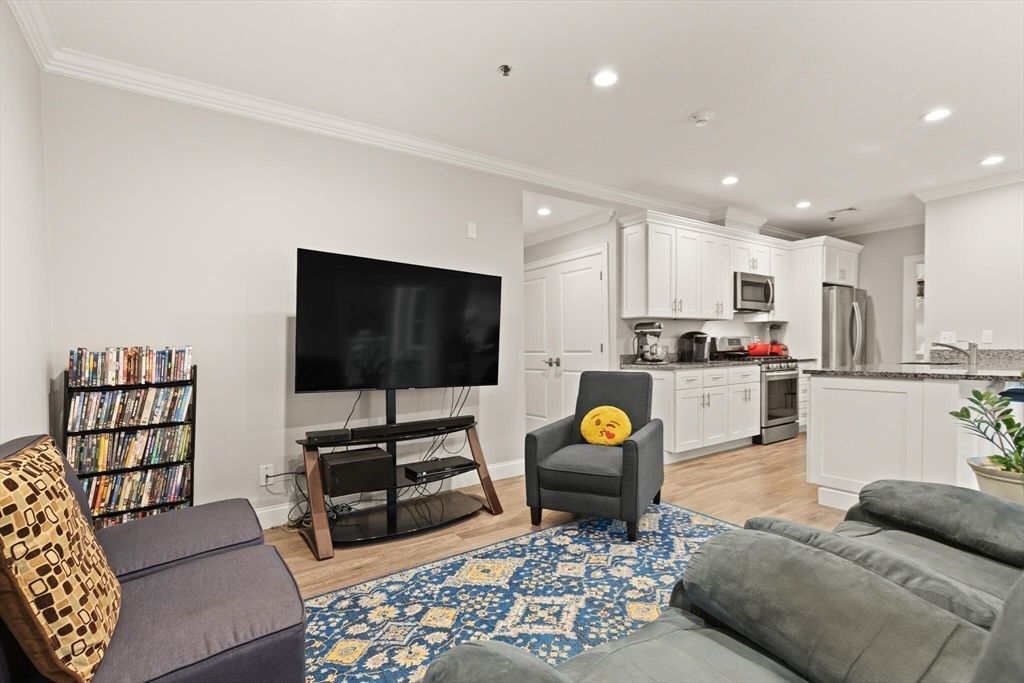 Interior, Kitchen, Living room, Recessed Lighting, Stainless Steel Appliances, Wood Texture Flooring