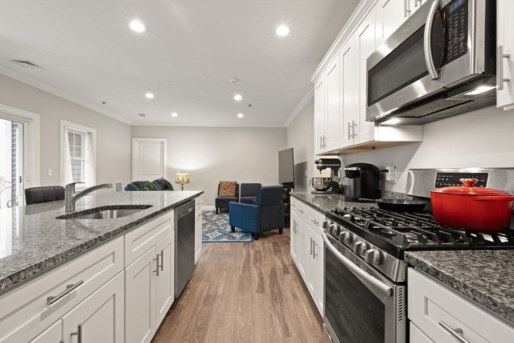 Interior, Kitchen, Living room, Recessed Lighting, Stainless Steel Appliances, Wood Texture Flooring