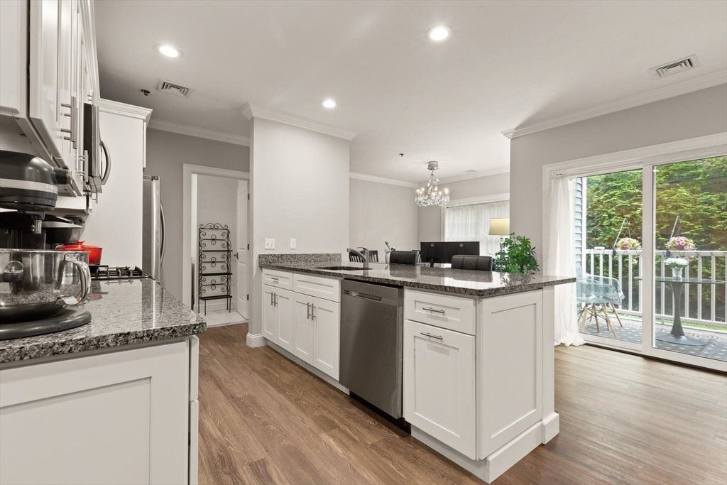 Chandelier, Interior, Kitchen, Recessed Lighting, Stainless Steel Appliances, Wood Texture Flooring