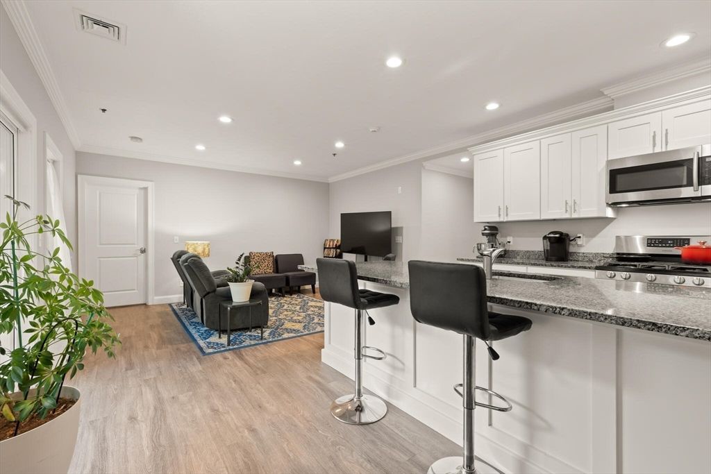 Interior, Kitchen, Living room, Recessed Lighting, Stainless Steel Appliances, Wood Texture Flooring