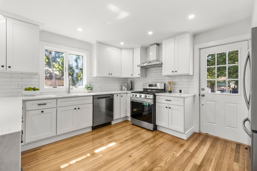 Interior, Kitchen, Recessed Lighting, Stainless Steel Appliances, Wood Texture Flooring