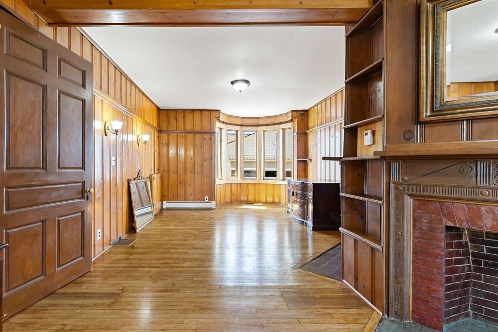 Empty room, Fireplace, Interior, Wood Texture Flooring, Wooden Walls