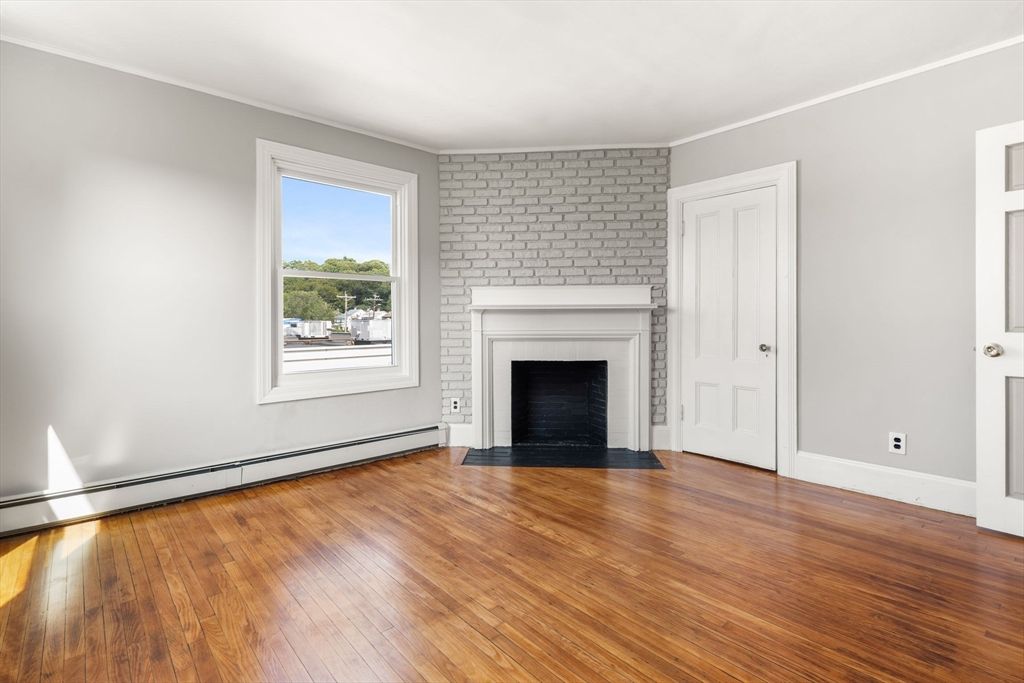 Empty room, Fireplace, Interior, Stone Walls, Wood Texture Flooring