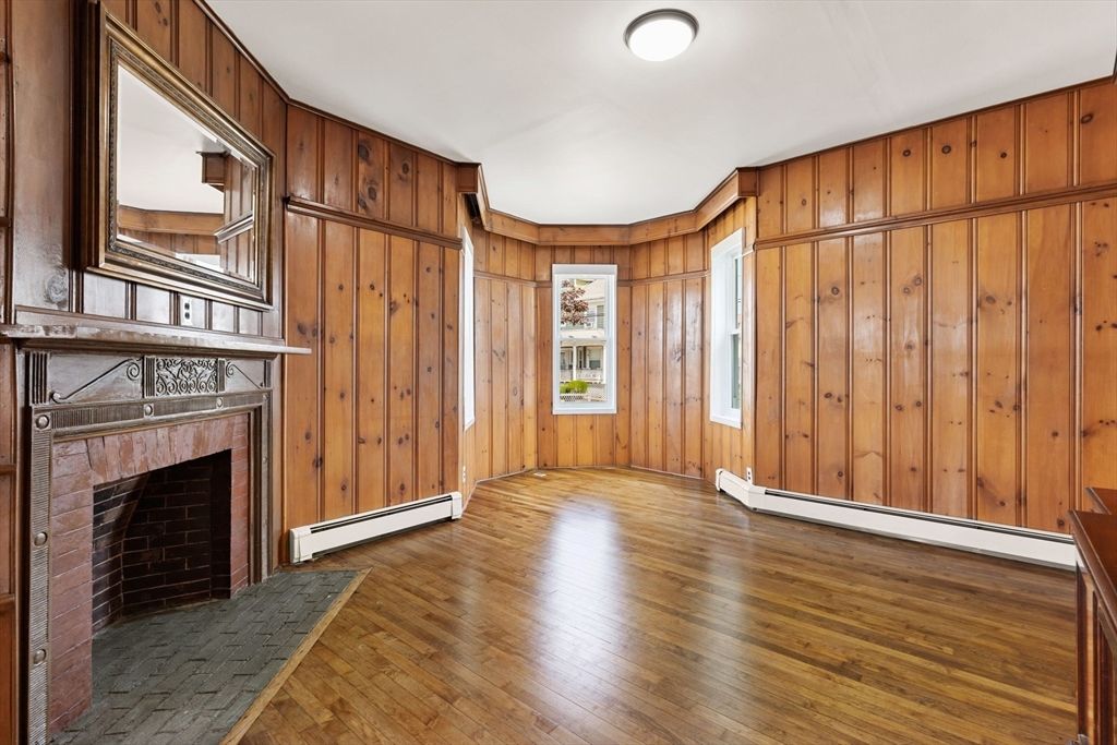Empty room, Fireplace, Interior, Wood Texture Flooring, Wooden Walls