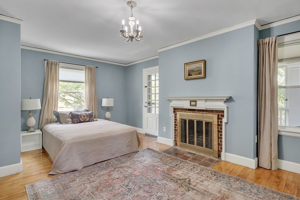 Bedroom, Fireplace, Interior, Pendant Lights, Wood Texture Flooring