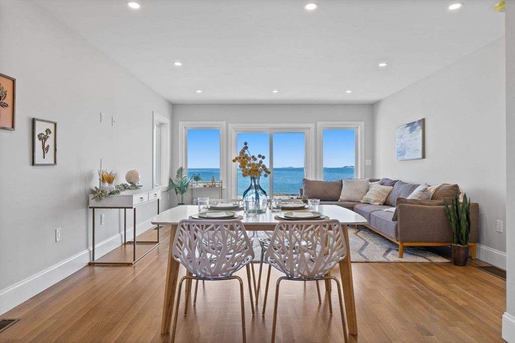 Dining room, Interior, Living room, Recessed Lighting, Water, Wood Texture Flooring