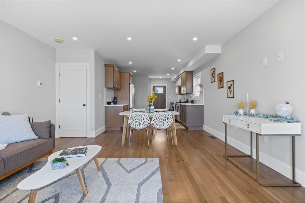 Dining room, Interior, Kitchen, Living room, Recessed Lighting, Stainless Steel Appliances, Wood Texture Flooring