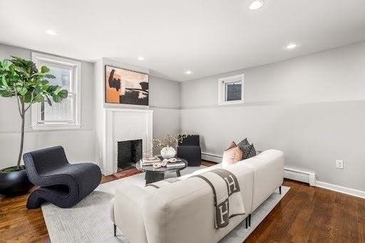 Fireplace, Interior, Living room, Recessed Lighting, Wood Texture Flooring