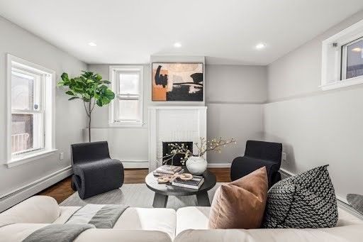 Fireplace, Interior, Living room, Recessed Lighting, Wood Texture Flooring